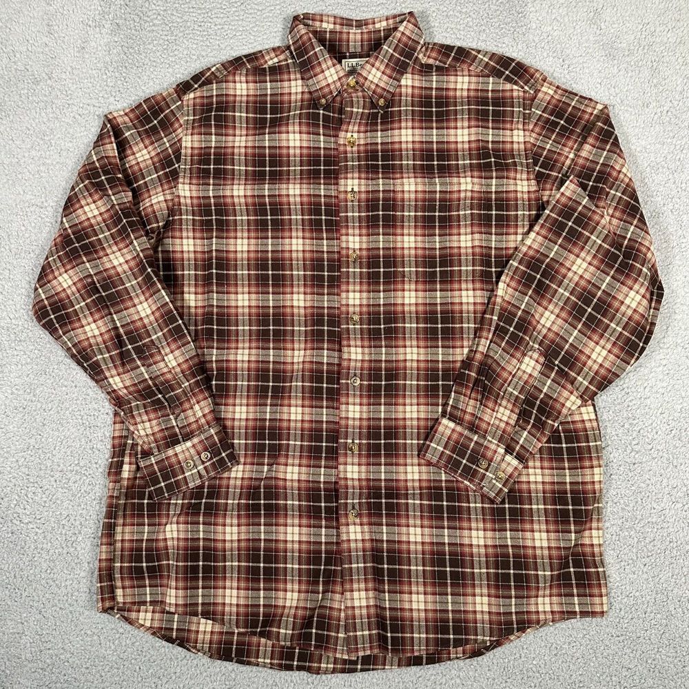 LL Bean Shirt Mens Large Tall Brown Tan Scotch Plaid Flannel Button Down Outdoor